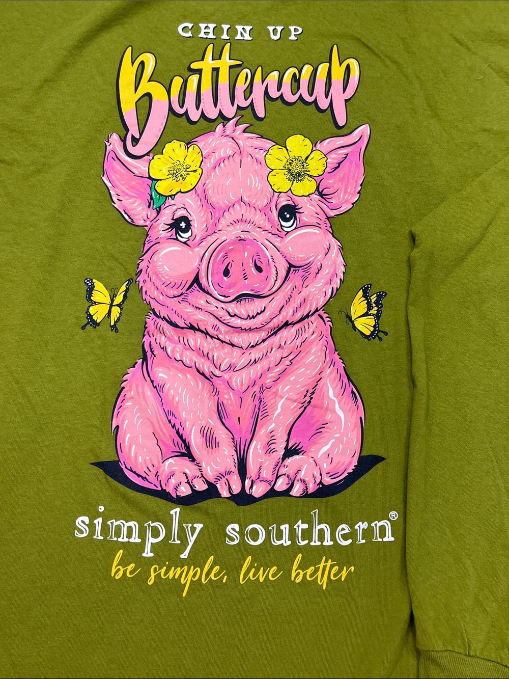 Simply Southern Buttercup Pig Long Sleeve Graphic T-Shirt Green Size Large